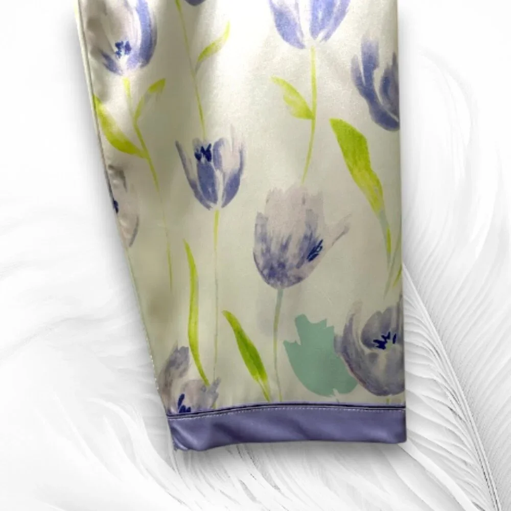Women’s Satin Pajama Set L – Floral Print Button Top & Pants (Light Purple/Blue) - Picture 5 of 9